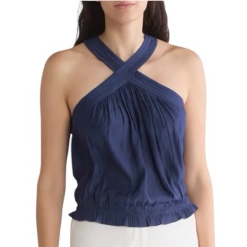 Ramy Brook New York Navy Blue Halter Smocked Waist Ruched Front Top XL